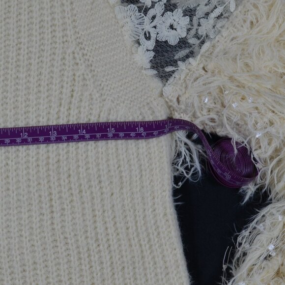 Golden Days cream knit crew neck sweater lace shoulder textured bishop sleeve S - Picture 8 of 16